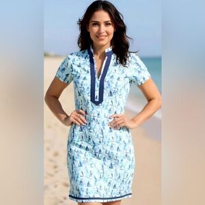 CABANA LIFE Upf 50 Nautical Sailboat Twill Tape Mini Dress Caftan Blue M NWT